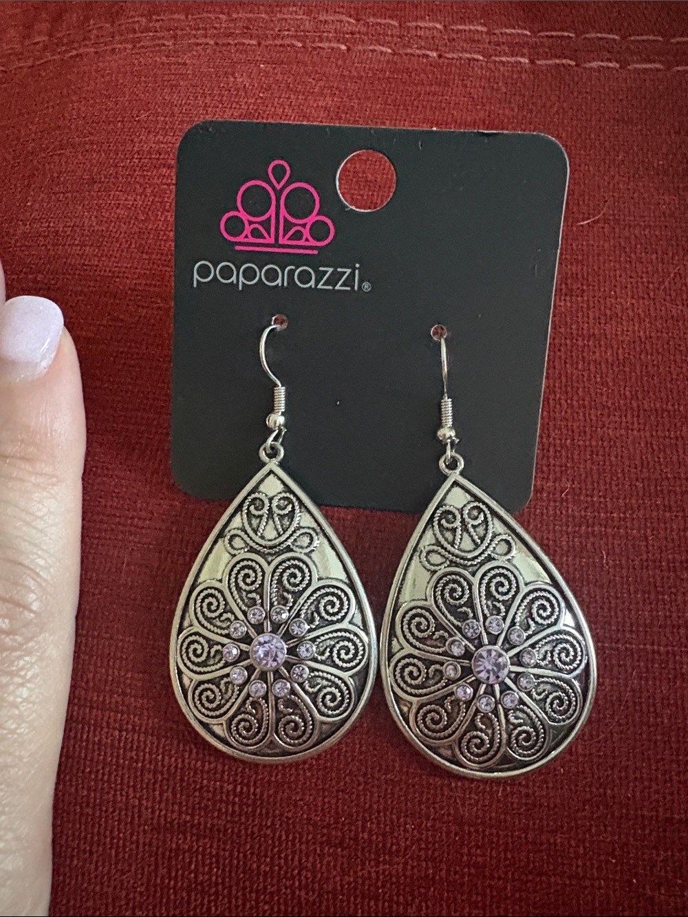 ๐3/$15: ๐ Paparazzi: Silver Teardrop Filigree Earrings with Pink Stones - Picture 2 of 3